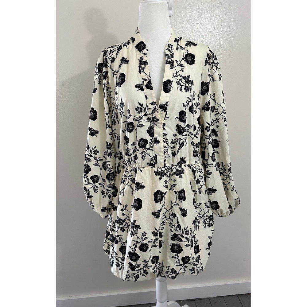 HM Women Black White Floral Cotton Balloon Sleeve Mini Dress Large O/N 232043